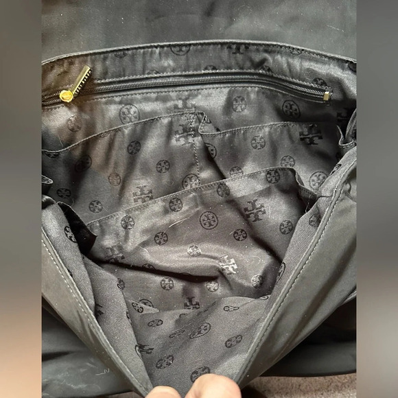 TORY BURCH Leather Trim Monogram Lining Messenger Crossbody Bag LARGE EUC - Picture 5 of 9